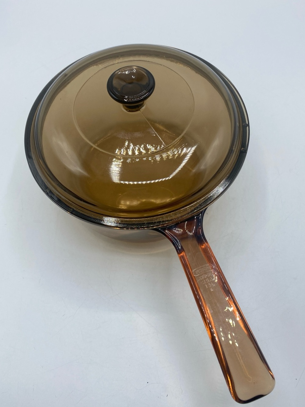 Vintage Corning Vision Ware 1.5 L Amber Glass Pot Sauce Pan With Lid Made In USA